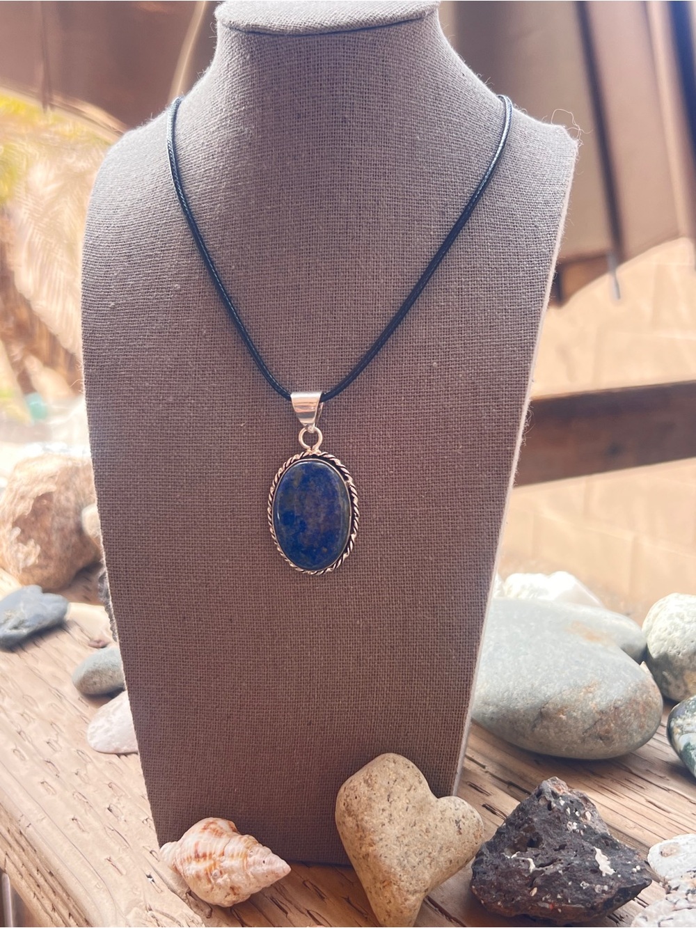 Natural Lapis Lazuli Oval Pendant Necklace – Solid Silver Twisted Wire Bezel Gem